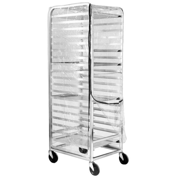 A Channel metal bun pan rack with a clear plastic cover.