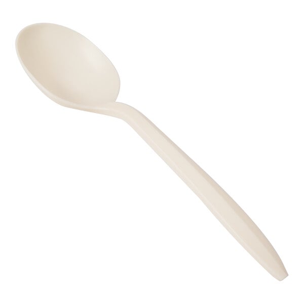A single off-white plastic spoon with a slightly curved handle is shown against a white background.