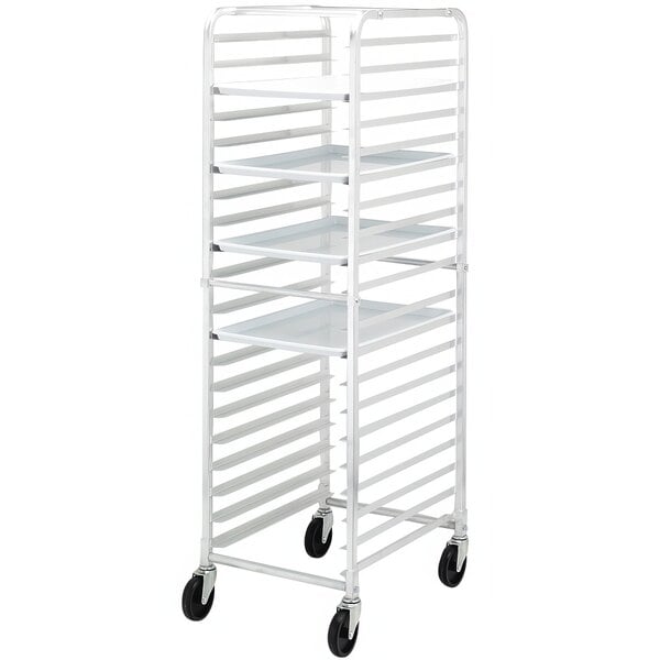 A white heavy-duty aluminum sheet pan rack with shelves on wheels.