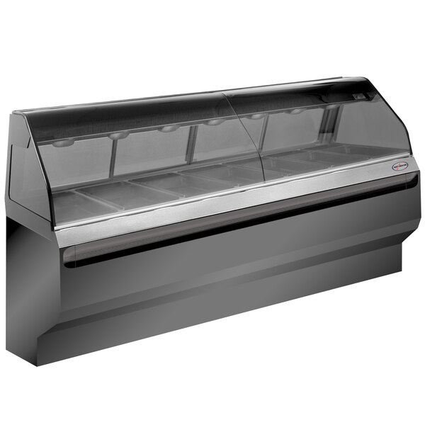 A black Alto-Shaam heated display case with curved glass doors on a counter.
