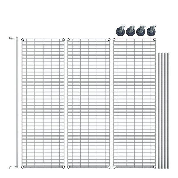 A white metal Regency mobile garment rack with metal rods and wire mesh shelves.