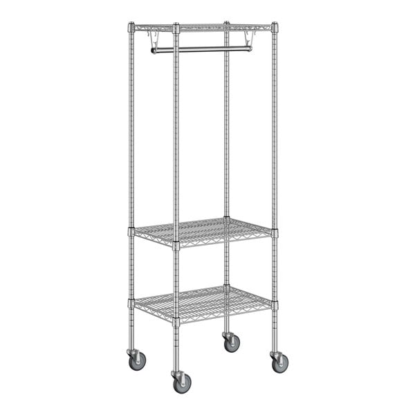 A chrome Regency mobile wire garment rack with wheels.