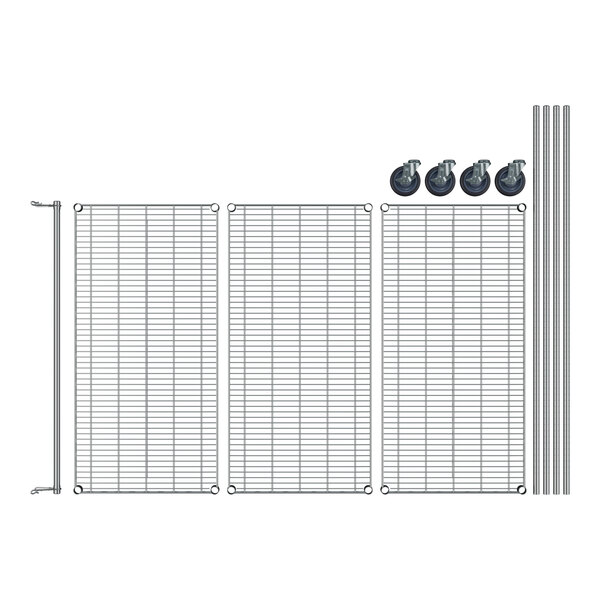 A Regency chrome metal garment rack with wire mesh shelves and metal pipes.