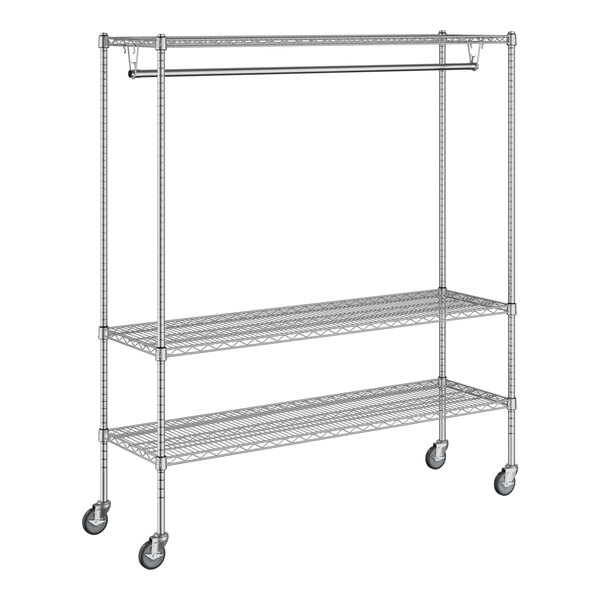 A Regency chrome wire garment rack with wheels.