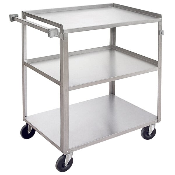 A Channel stainless steel utility cart with three shelves and wheels.