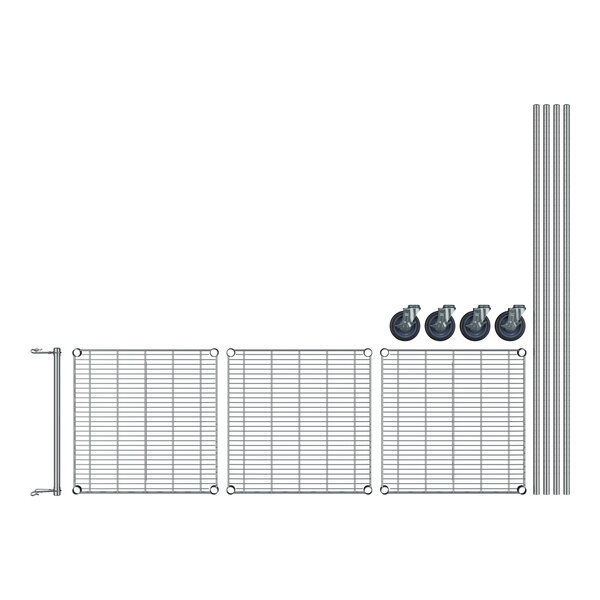 A white wire frame with wheels and a grid pattern.