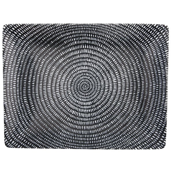 A white rectangular porcelain sushi plate with a black and white circular spiral design.
