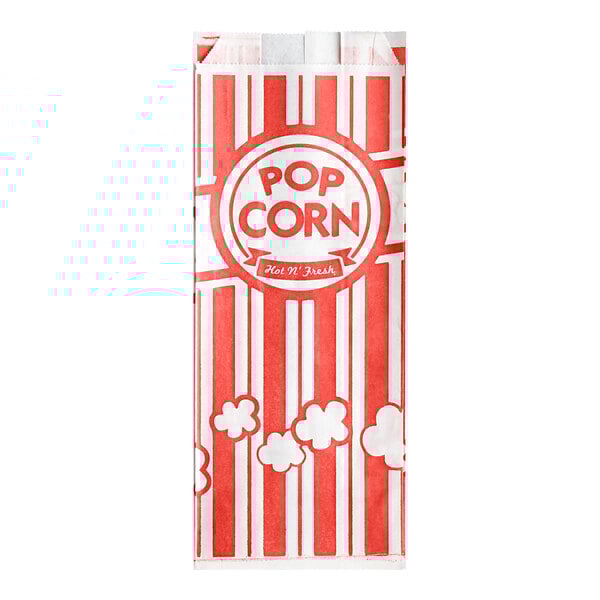 A red and white package of Carnival King popcorn bags with white stripes.