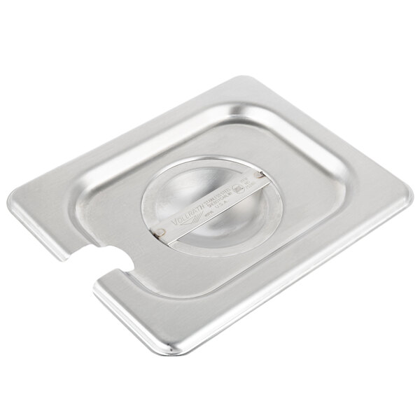 A Vollrath stainless steel steam table pan cover with a slot in the middle.
