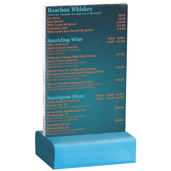 A Menu Solutions clear acrylic table tent with a solid blue wooden base holding a menu.