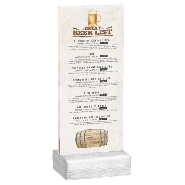 A Menu Solutions clear acrylic table tent with a solid white wash wood base holding a drink menu.