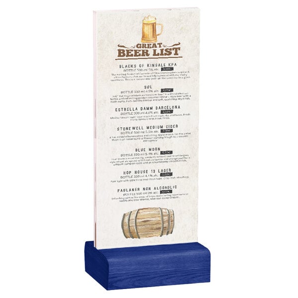 A Menu Solutions clear acrylic table tent with a solid true blue wood base.