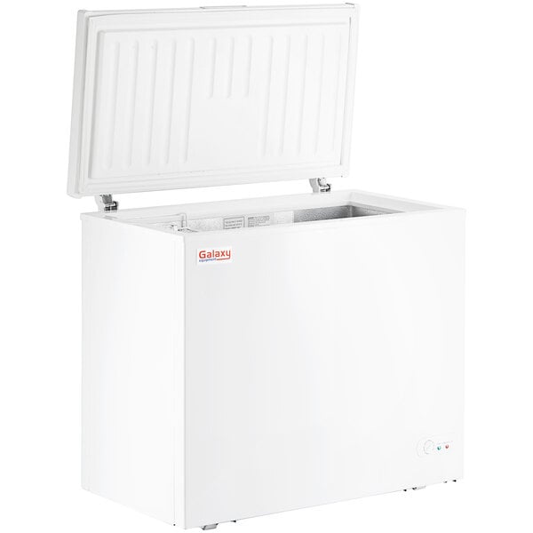 A white Galaxy CF7 commercial chest freezer with a lid open.