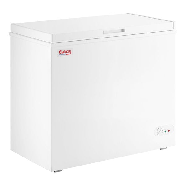 A white Galaxy CF7 commercial chest freezer with a 7 cubic foot capacity.