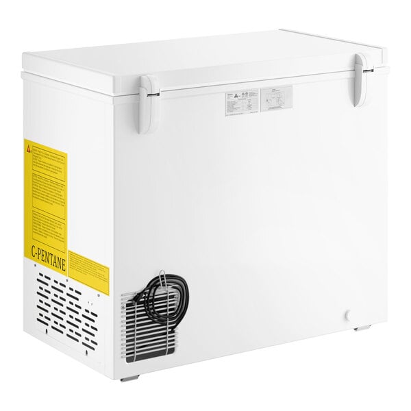 A white commercial chest freezer with a 7 cubic foot capacity.