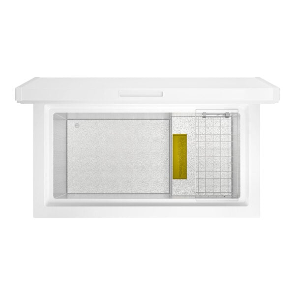 A white commercial chest freezer with a 7 cubic foot capacity and a top-opening lid.