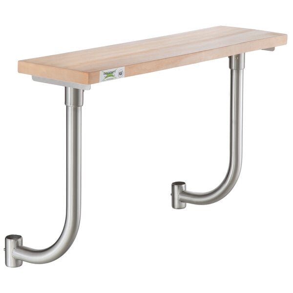 A Regency wooden cutting board with metal brackets on a wooden table.