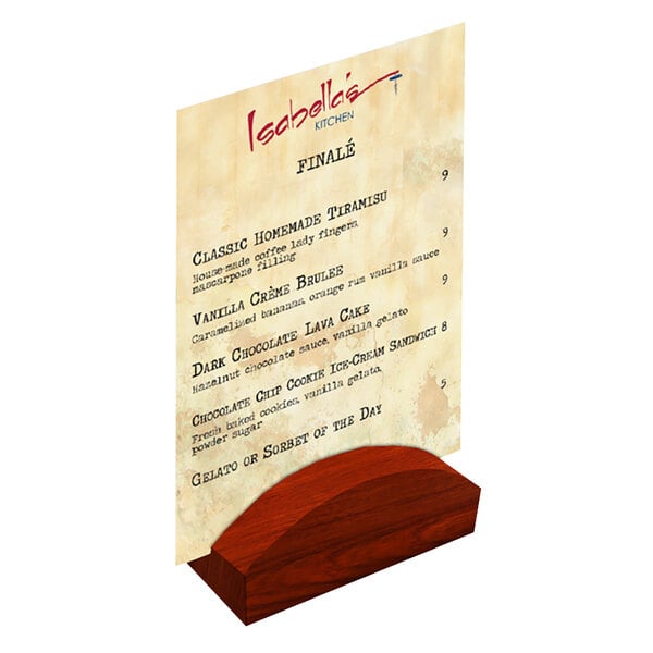 A Menu Solutions mahogany wood rounded card holder on a table holding a menu.