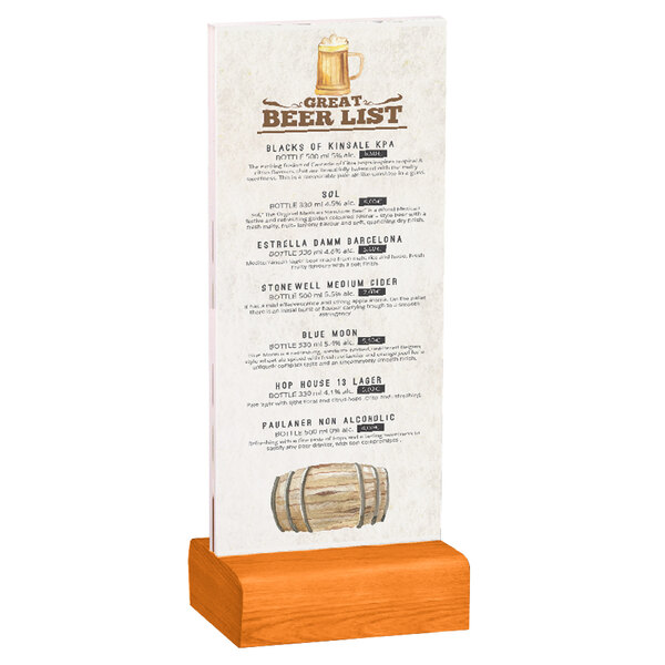 A Menu Solutions clear acrylic table tent with a solid wood base on a wood surface displaying a drink menu.