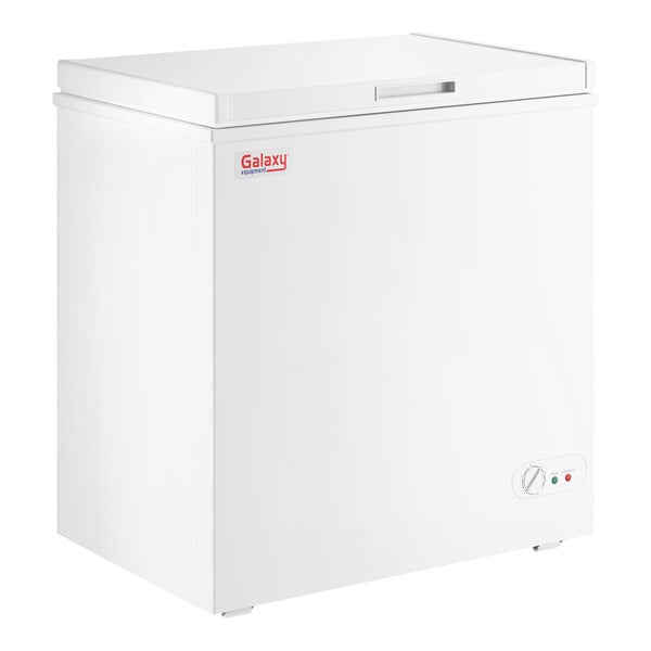 A white Galaxy CF5 commercial chest freezer with a 5.2 cubic foot capacity.