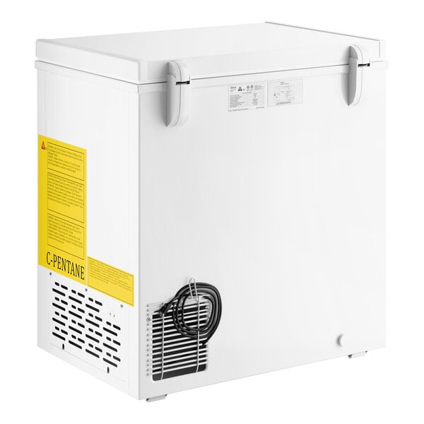 A white commercial chest freezer with a 5.2 cubic foot capacity.