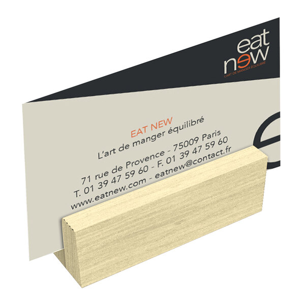 A Menu Solutions natural wood mini card holder on a white background.
