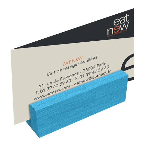 A sky blue wooden Menu Solutions mini card holder.