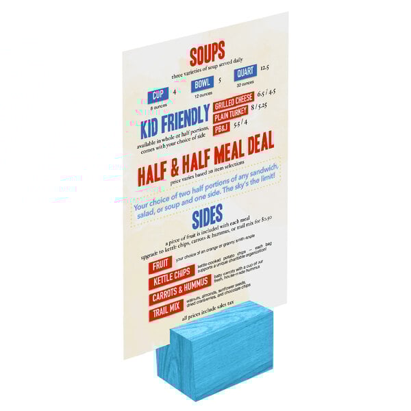 A sky blue rectangular wooden block with a white card in it.