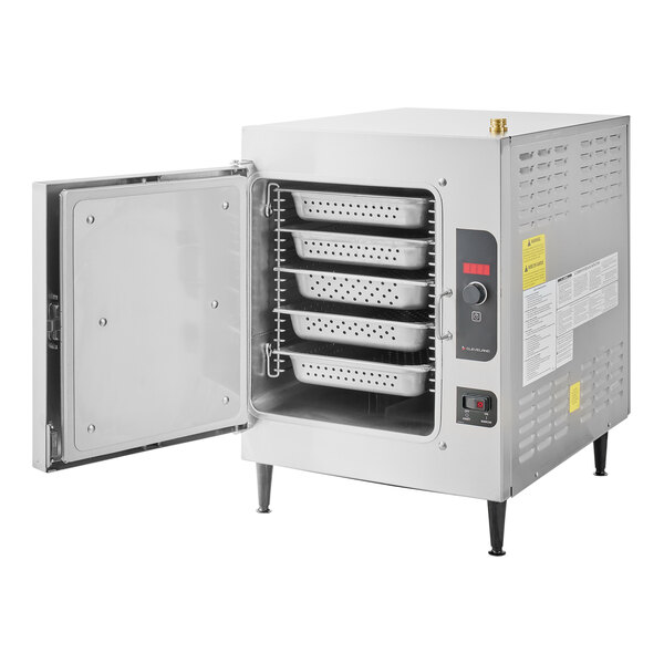 A Cleveland electric countertop steamer with four pans inside.