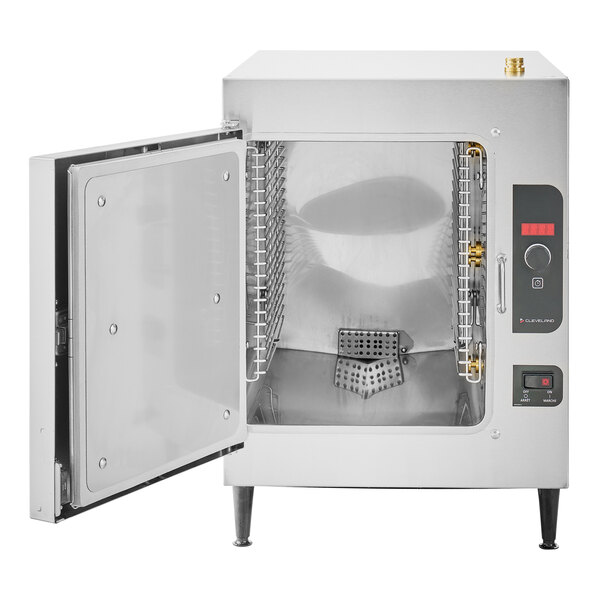 A Cleveland SteamCraft Ultra electric countertop steamer with trays inside.