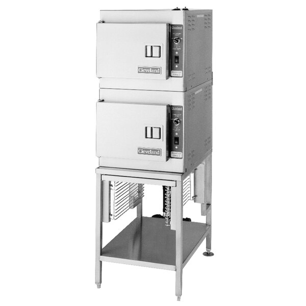 A white Cleveland SteamCraft Ultra electric countertop steamer with three pans inside.
