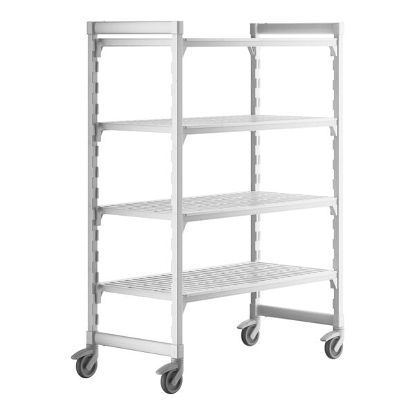 A white metal Camshelving® mobile shelving unit with vented shelves on wheels.