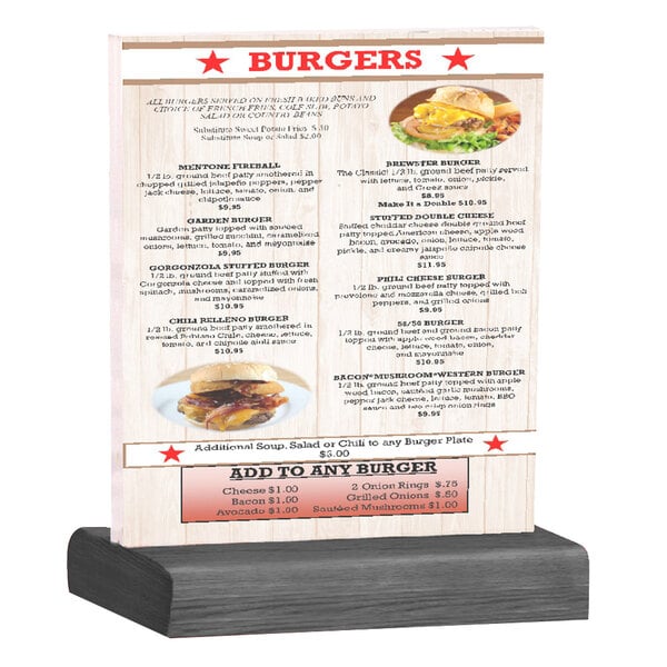 A Menu Solutions clear acrylic table tent with a menu on a wooden stand.