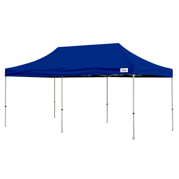 A blue Caravan Canopy tent with two poles.
