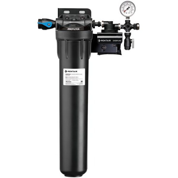 A black Everpure water filter with a gauge.