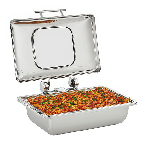A Vollrath stainless steel chafing dish with a glass top over a stainless steel food pan inside.