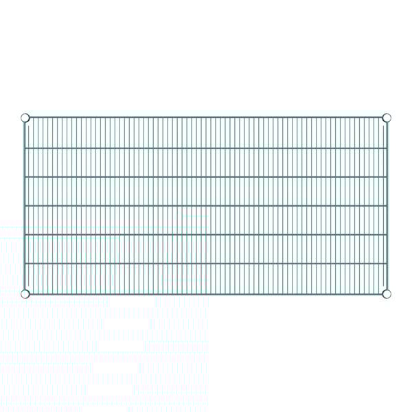 A close-up of a green wire shelf with a wire mesh.