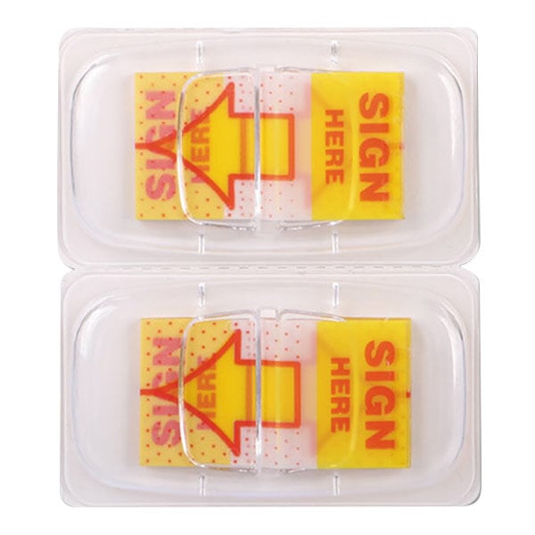 A clear plastic container of yellow Universal "Sign Here" arrow flags with a yellow and red label.