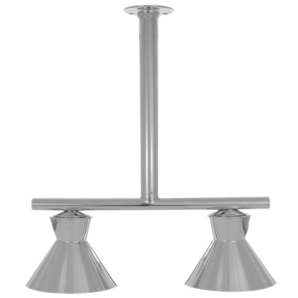 A close-up of a pair of stainless steel Hanson Heat Lamps.