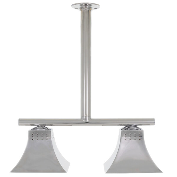 A silver metal double heat lamp hanging from a ceiling.