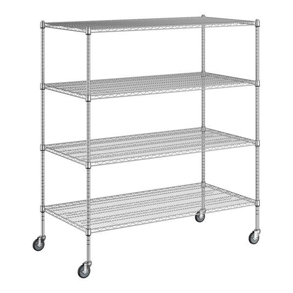 A Regency chrome wire shelving unit with wheels.