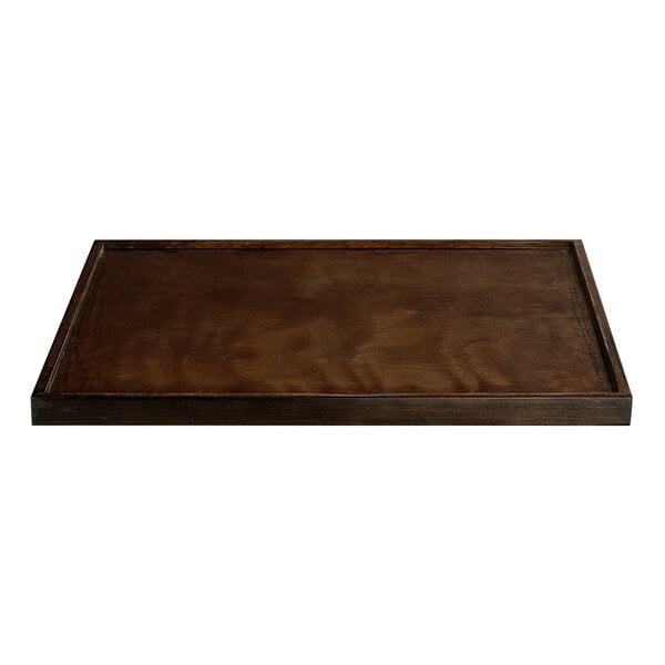 A rectangular wooden butcher block table top with an espresso finish.