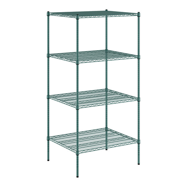 A green wire shelving unit with four shelves.