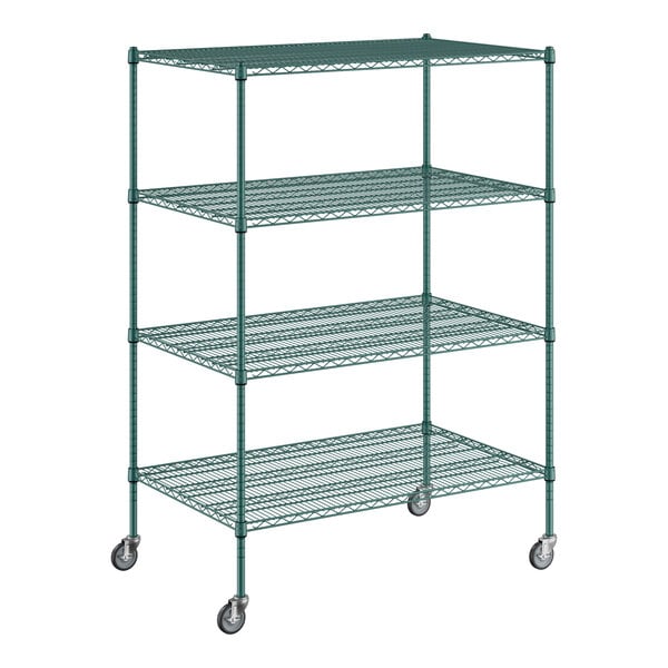 A green Regency wire shelving unit with wheels.