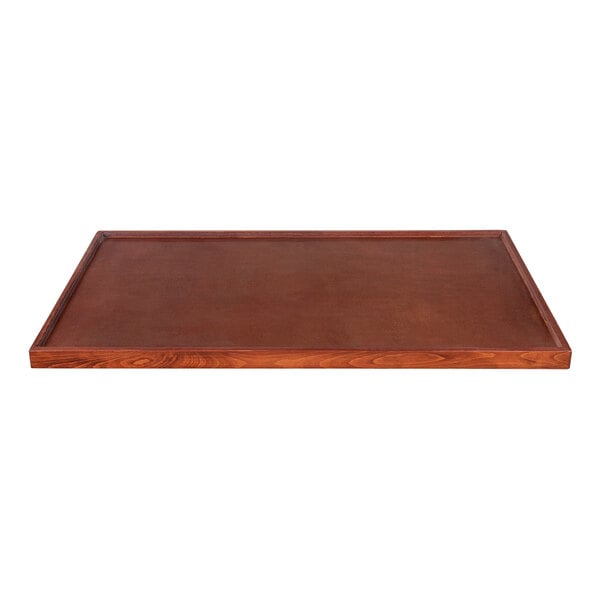 A rectangular brown wooden table top with a mahogany finish.