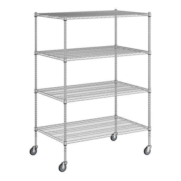 A wireframe of a Regency metal wire shelving unit with wheels.