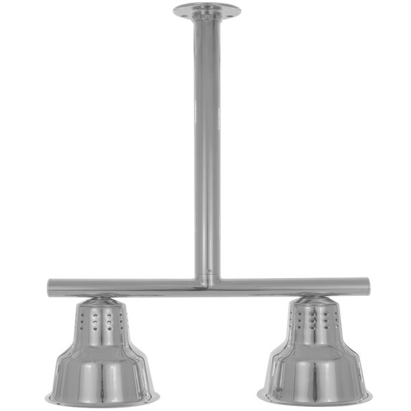 A silver metal ceiling mount with two Hanson Heat Lamps.