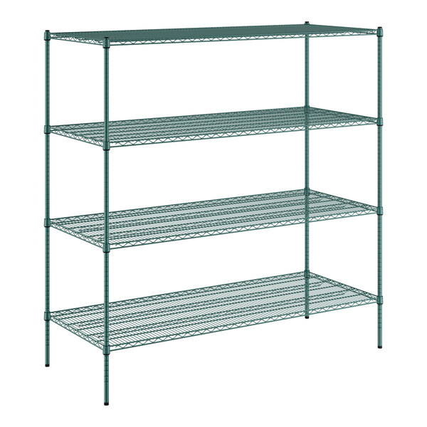 A Regency green wire shelving unit with four shelves.