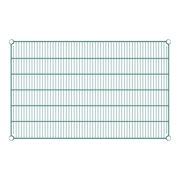 A close-up of a green wire mesh shelf.