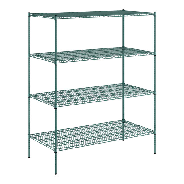 A green metal wire shelving unit with four shelves.